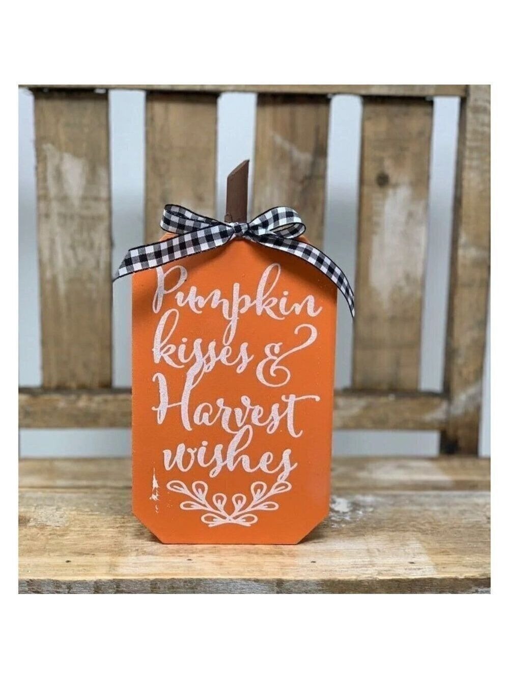 Pumpkin Harvest Sign Shelf Sitter Table Decor Wood 0range Buffalo Check Ribbon - Picture 2 of 7